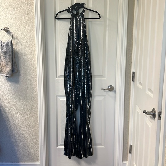 Topshop Pants - Topshop Black and Silver Striped Sequin Jumpsuit, Size 6